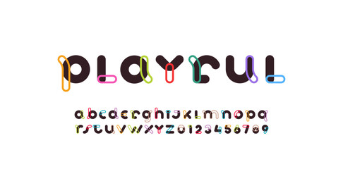 alphabet playful decorative font, rounded multi-colored letters A, B, C, D, E, F, G, H, I, J, K, L, M, N, O, P, Q, R, S, T, U, V, W, X, Y, Z and numerals 0, 1, 2, 3, 4, 5, 6, 7, 8, 9