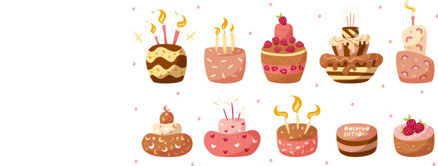 Set of hand draw cakes isolated on white in flat style. Cake for birthday, celebration, holiday. Delicious dessert. Vector illustration. Sparklers, candle, chocolate, strawberry, cream,heart. - obrazy, fototapety, plakaty