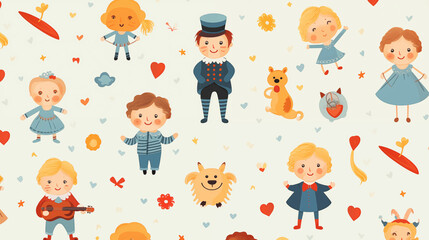 Fototapeta premium Pattern of childrens cartoon characters on white background. Generative AI