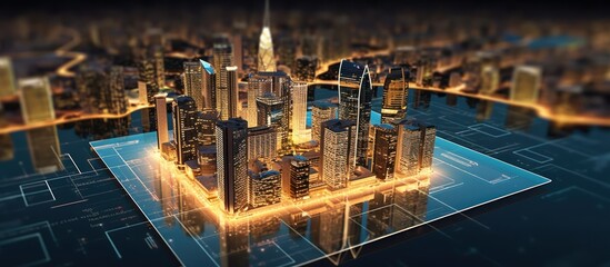 city at night and tablet .Augmented reality technology, smart city innovation and building technology.