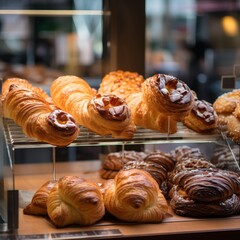 Assorted fresh pastries and breads arranged on tray at bakery shop window display