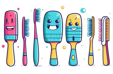 Combs and toothbrushes on a white background