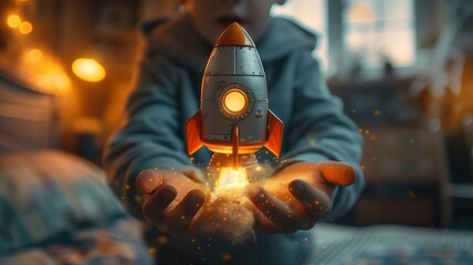 A toy rocket takes off from children's hands in a children's room - obrazy, fototapety, plakaty