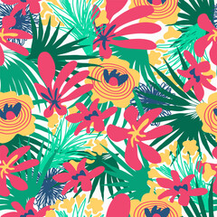 Abstract trendy creative natural floral tropical seamless pattern, Hand drawn. Summer, garden blooms, gardening, flowers, palm leaves. Vector illustration.
