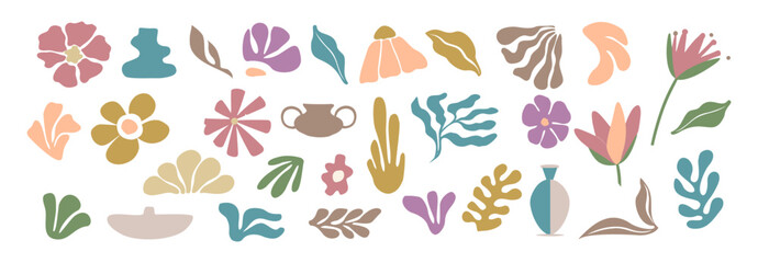 Fototapeta na wymiar Set of hand drawn floral design elements, abstract shapes, leaves, corals, vases. Contemporary modern vector botanical art illustrations in trendy Peach Fuzz color palette on transparent background.