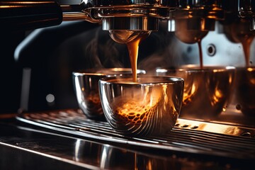 Barista pouring fresh hot espresso from professional coffee machine at cozy cafe