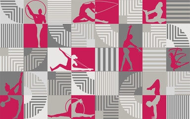 Abstract female sports poster. Geometric mosaic pattern. Stripes, curved lines and silhouettes of women performing artistic gymnastics. Modern wall art design. Gray and fuchsia colors.