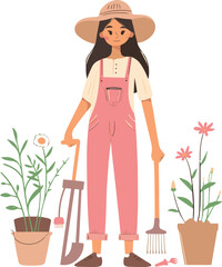 Flat vector illustration of a farmer girl with gardening tools and agricultural crops