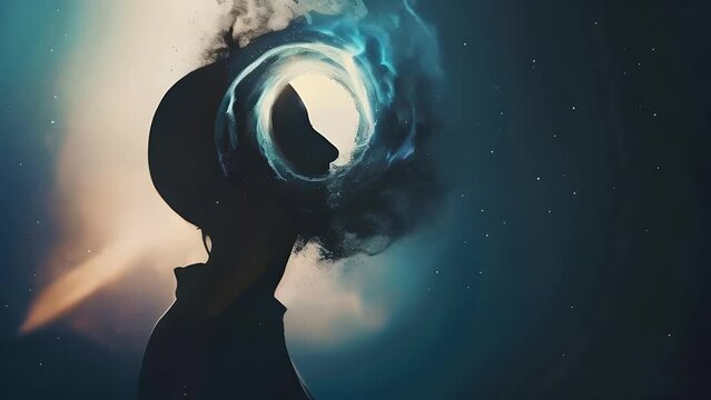 Double exposure of astronaut with black hole galaxy. Mental health, space movie poster concept