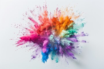 An explosion of vibrant colored powders against a white background, creating a dynamic and abstract burst of colors. - obrazy, fototapety, plakaty