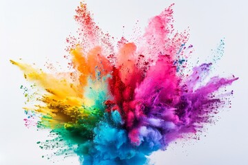 An explosion of vibrant colored powders against a white background, creating a dynamic and abstract burst of colors.