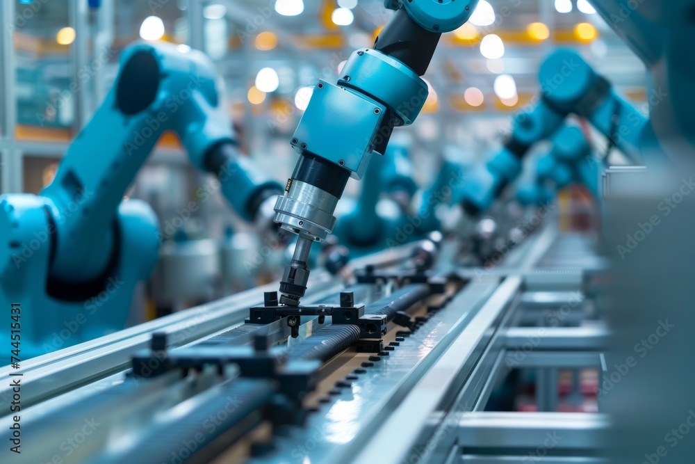 Poster industrial robots working on an assembly line in a factory.