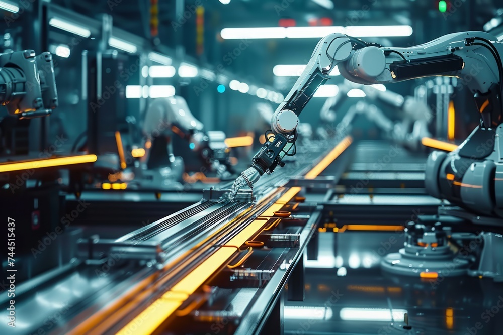 Poster industrial robots working on an assembly line in a factory.