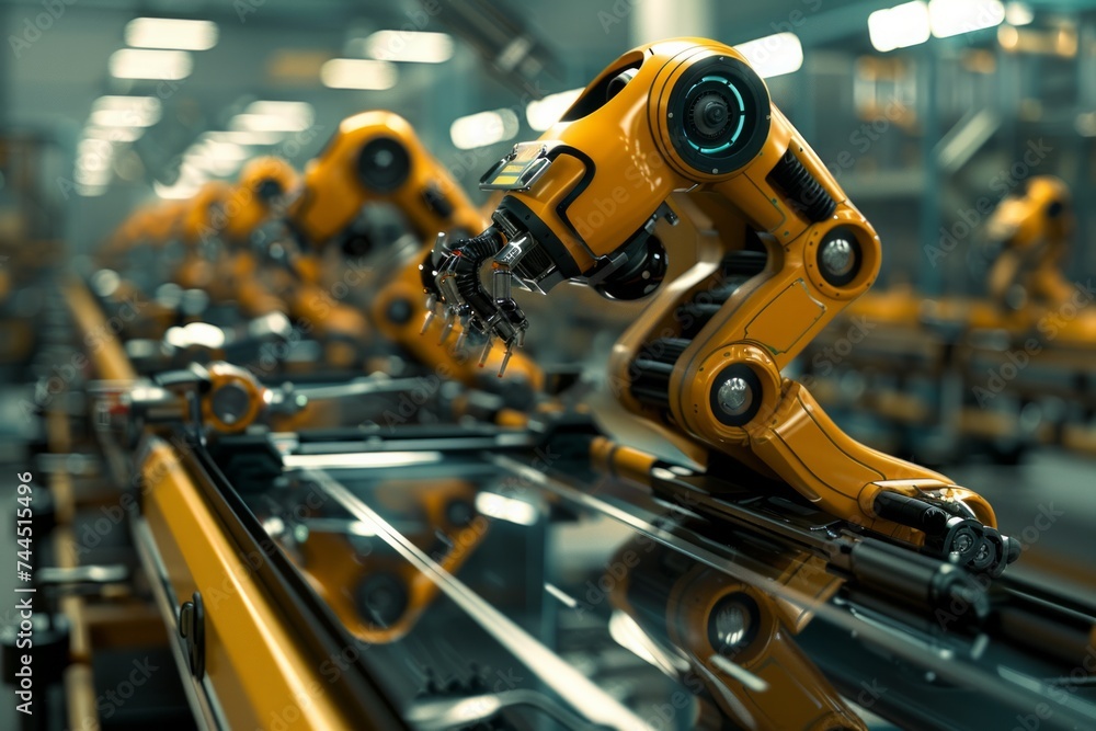 Poster industrial robots working on an assembly line in a factory.