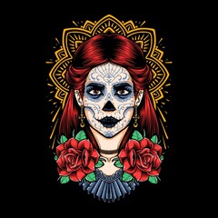 Skull Sugarskull With Roses Vector Logo