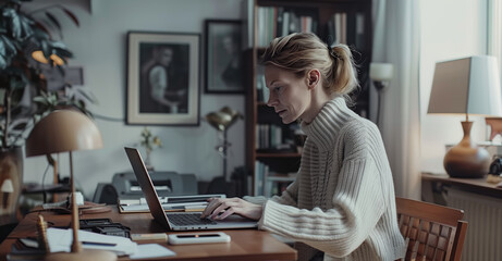 Concentrated Woman Working on Laptop in Cozy Home Office. A woman in a comfortable sweater is fully engaged with her work on a laptop at a wooden desk in a cozy and warmly lit home office.