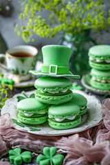 Delicious Saint Patrick’s day green macaroon dessert on a blurred green background