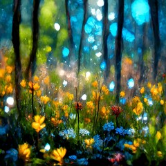 Spring rain in a spring forest