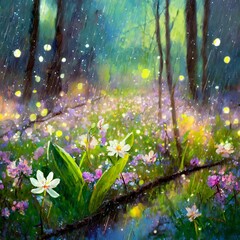Obraz premium Spring rain in a spring forest
