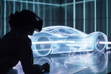 A person using virtual reality to interact with a 3D car model.