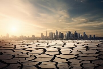 Cityscape background with a foreground of parched, cracked earth. Cracked Earth Cityscape