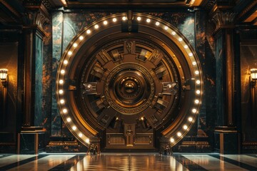 Obraz premium The ornate door of a large bank vault glowing under a golden light.