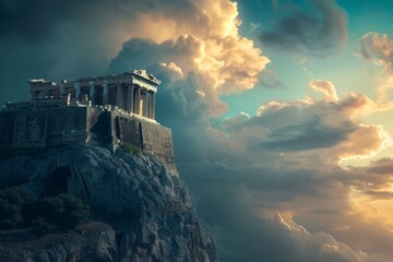 Mythical depiction of a Greek statue and temple on a cliff under a dramatic sky. - obrazy, fototapety, plakaty