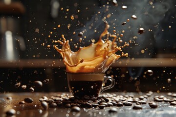 Dynamic splash of coffee with beans falling around a cup.