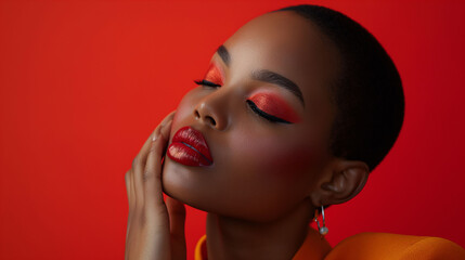 Portrait of beautiful afro woman cropped bald with perfect skin and red makeup isolated on red...