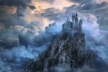 A fantastical castle perched atop a steep mountain, amidst a dramatic sky. - obrazy, fototapety, plakaty
