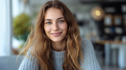 Portrait of young student girl in library cafe smiling looking at camera, distance learning concept, freelancer. AI generated