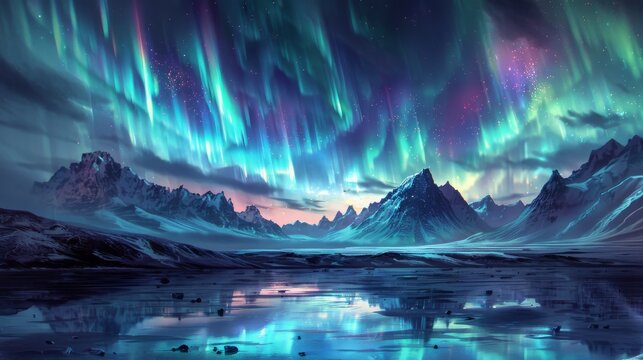 Mystical Aurora Over Icy Mountainous Terrain A stunning aurora borealis paints the sky with vibrant colors over a reflective icy terrain crowned by rugged mountains.