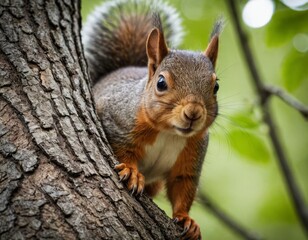 Naklejka na ściany i meble A closeup of a curious squirrel on tree