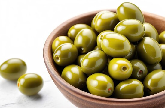 green olives in a bowl white background with copy space