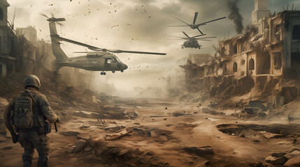  soldier with army in sand storming ruins and helicopters - obrazy, fototapety, plakaty