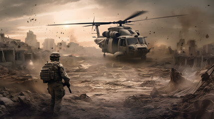 soldier with army in sand storming ruins and helicopters