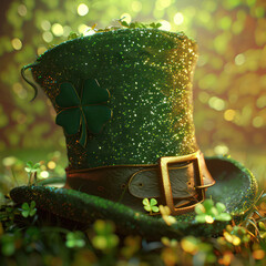 Happy St Patrick's Day Background Holiday Illustration with Green Hat, four and clove. Generative AI design
