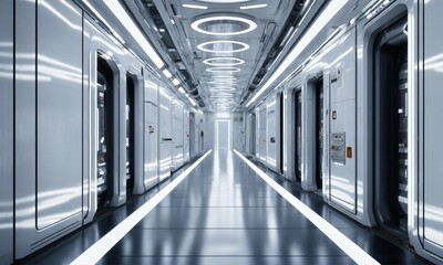 inside of a futuristic hallway with cold lights and clean floor