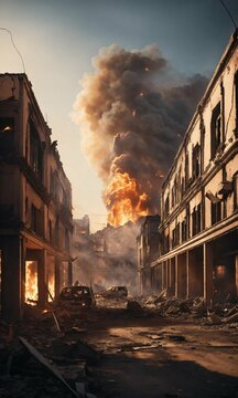 buildings in debrees with fire and smoke in the background