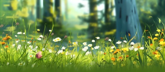 Meadow flowers in the morning. Blooming poppies and other meadow flowers beautiful green forest background