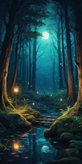 Obraz premium A mystical magical mysterious fairy-tale forest with a huge moon, fireflies, a path and a river