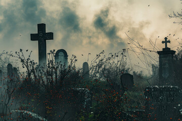 Spooky Gothic graveyard shrouded in mist, with weathered tombstones and eerie silhouettes.