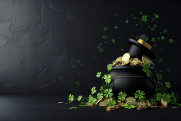 St. Patrick's Day with  Pot of gold coins, rainbow, green four and clover on green bokeh background, invitation Design Banner Illustration
