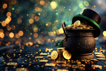 St. Patrick's Day with  Pot of gold coins, rainbow, green four and clover on green bokeh background, invitation Design Banner Illustration
