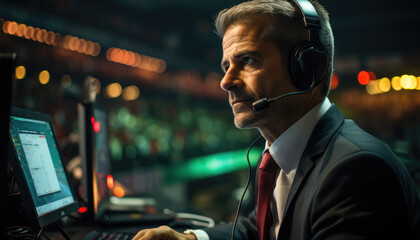 A focused male professional wearing a headset operates a computer in a dimly lit control room.