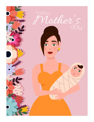 Happy Mother's Day greeting card. Happy Mother's Day celebration greeting card design decorated with flowers in flat hand drawn style.