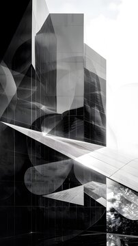 Composition of several photos of visor over building porch facade. Modern architecture fragment with shadows and reflections. Abstract black and white background with geometric pattern.