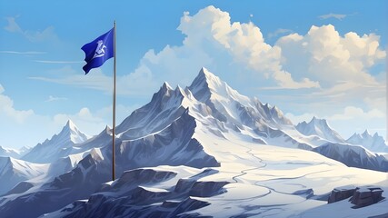 Illustration of a blue flag above a mountain created using - obrazy, fototapety, plakaty