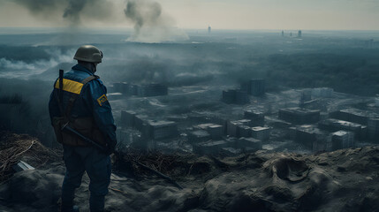  an army soldier looking at the ukraine flag