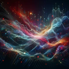 Foto op Canvas  an abstract digital wave of particles, featuring a dynamic composition of colorful particles arranged in a wave-like formation, generative ai © cherif